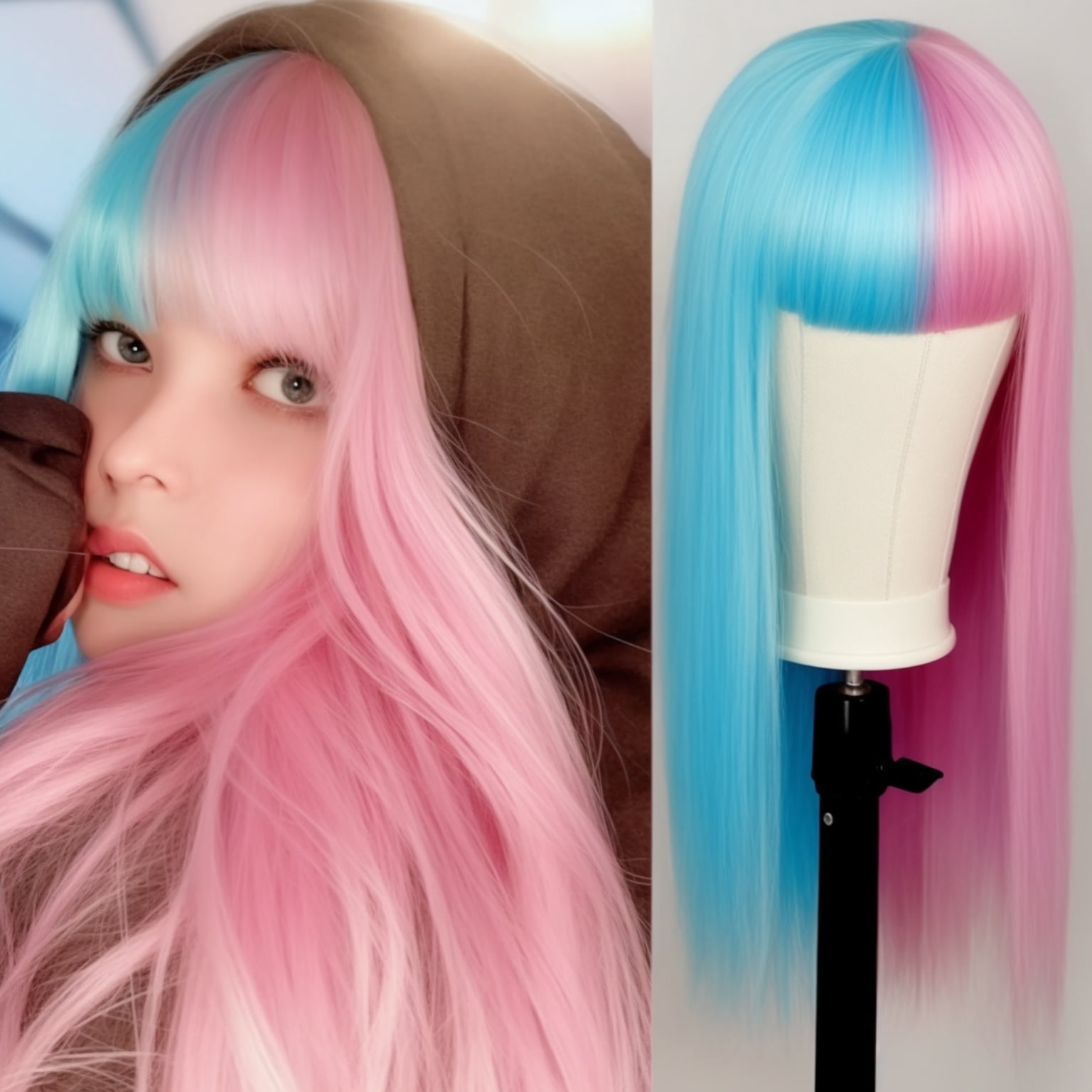 DOPI Brazilian Virgin Hair Full Lace Cap Band Human Hair Wigs For Black Women Fashion Sexy Wig Half Blue & Half Pink Synthe