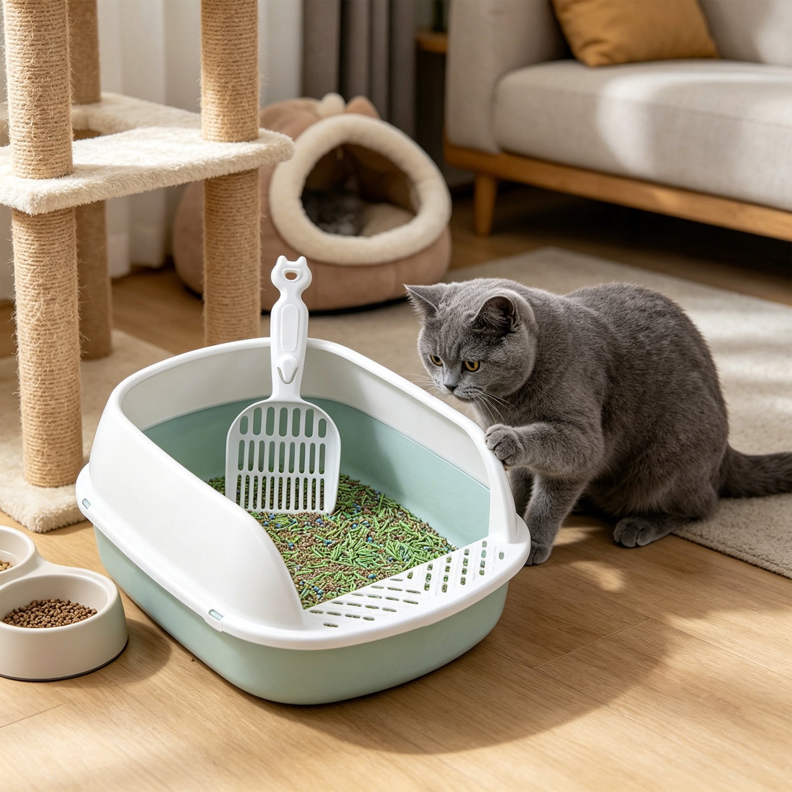 Semi Enclosed Cat Litter Box with Scoop Anti Splash Large Space Pet Toilet Box Easy Clean Kitty Litter Pan Hygienic Odor Control Durable Plastic Cat Toilet Tray for Indoor Cats