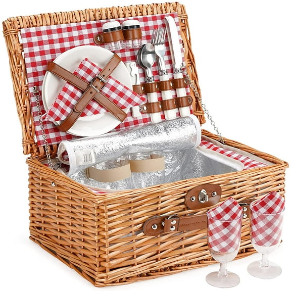 Wicker Picnic Basket for 2 Person, Willow Hamper Basket Sets with Insulated Compartment, Handmade 2 Person Picnic Basket for Camping - GreenCheck