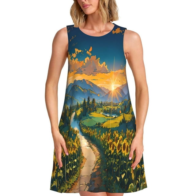 Fotbe Sunflowers At Sunset Vestido de Verano sin Mangas para Mujer – Vestido Midi Línea A, Estilo Camiseta Floral, Vestido Playero Casual y Fluido
