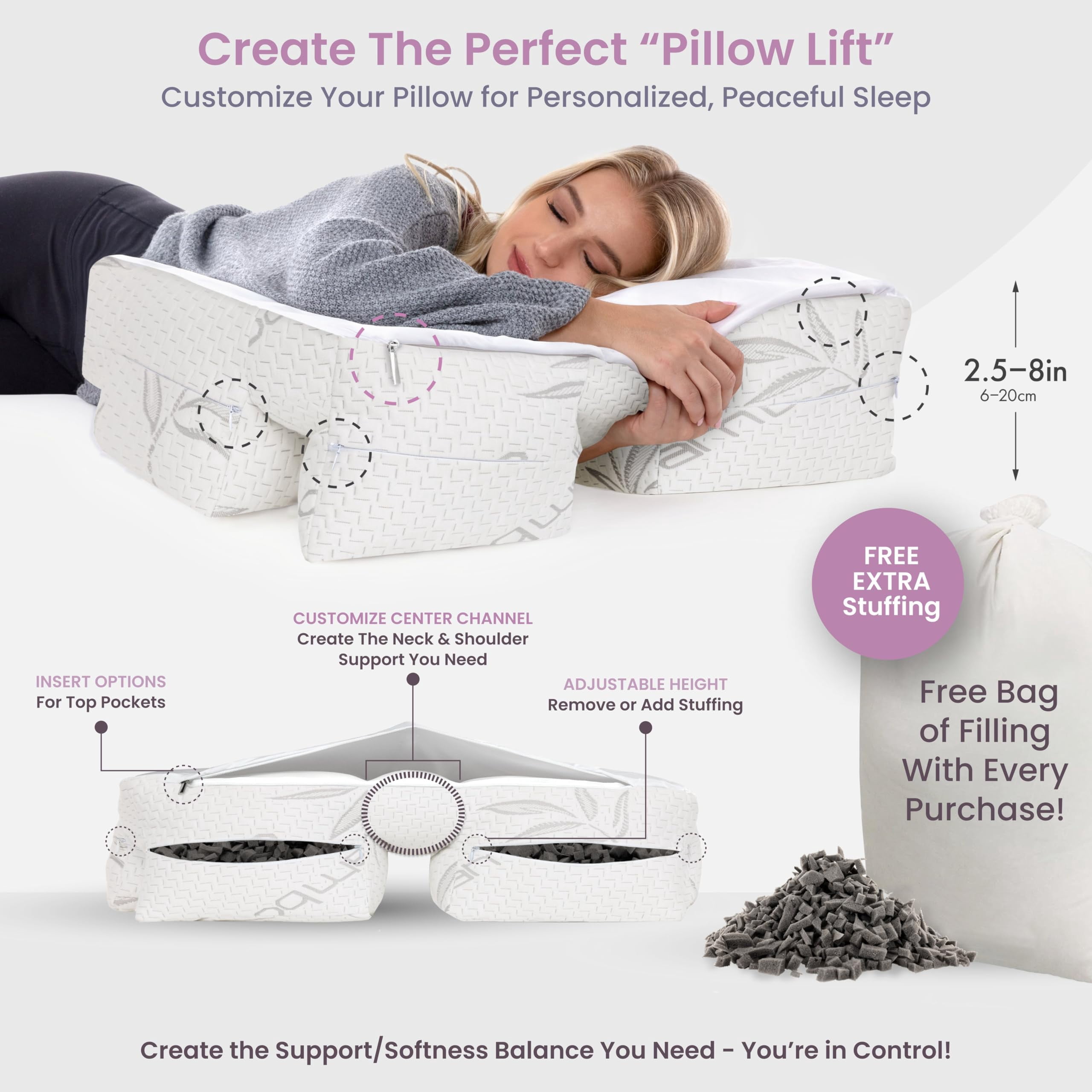 Adjustable Side Sleeper Pillow with Arm Tunnels for Shoulder Pain, Rotator Cuff Support, Arm & Shoulder Relief - Pressure-Free Sleep Pillow for Adults - Charcoal Shredded Memory Foam