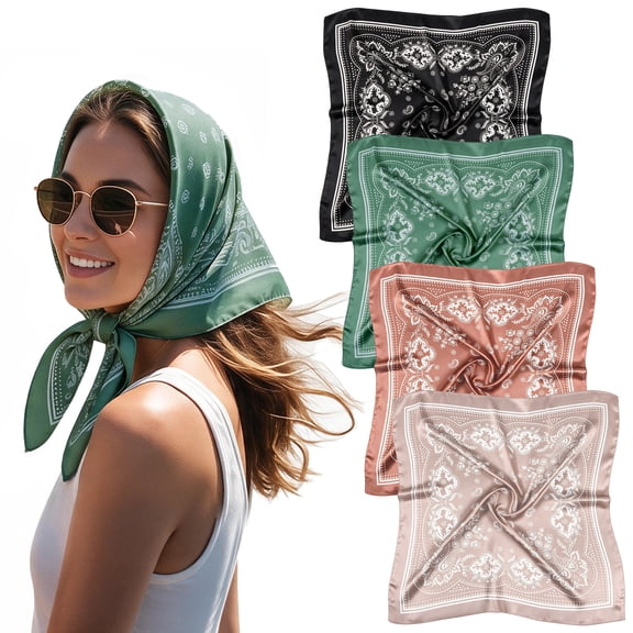 4 Pcs Women Satin Square Bandana, 27'' Silky Hair Neck Wrap Sleeping Headwear