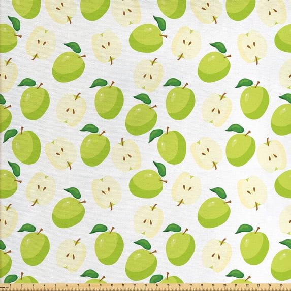 Fruits Fabric by the Yard, Cartoon Style Green Stalks Core and Anatomy of an Apple, Decorative Upholstery Fabric for Sofas and Home Accents, Brown Yellow Green Cream by Ambesonne