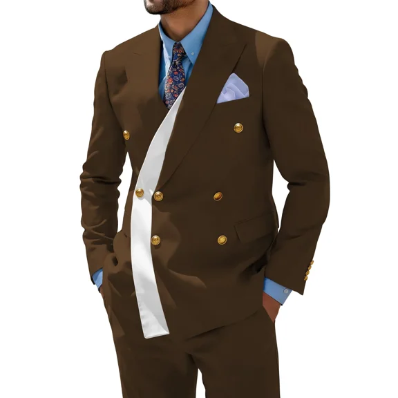 Mens Brown Two Piece Double Breasted Tuxedo Regular Fit Suit Blazer Pants for Business Wedding Party, XXL