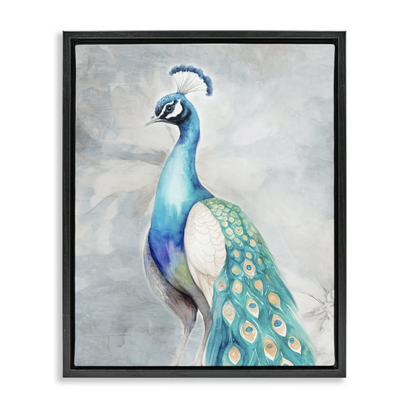 Stupell Industries Elegant Blue Peacock Animals Painting Black Floater Framed Canvas Art Print Wall Art, 17 x 21