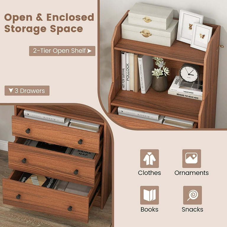 Gymax Tall 3-Drawer Dresser 44'' High, 23'' Wide Wood Storage