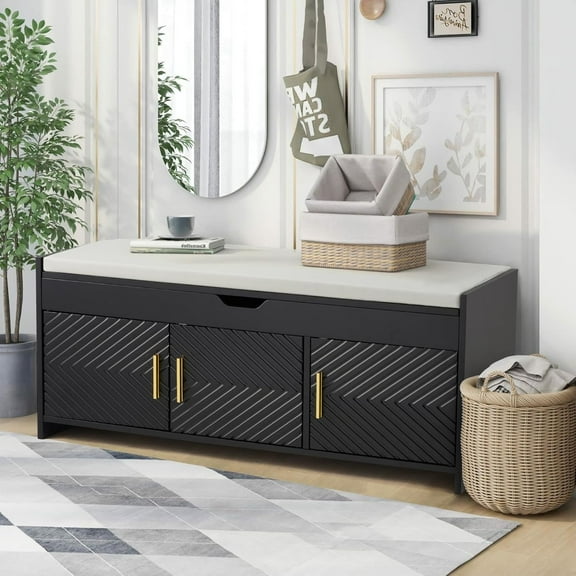 ECOTOUGE Storage Bench, Shoe Bench with Lift Top Storage, Wooden Entryway Bench with Cushioned Seat, Adjustable Shelf for Living Room, Bedroom, Hallway, Black