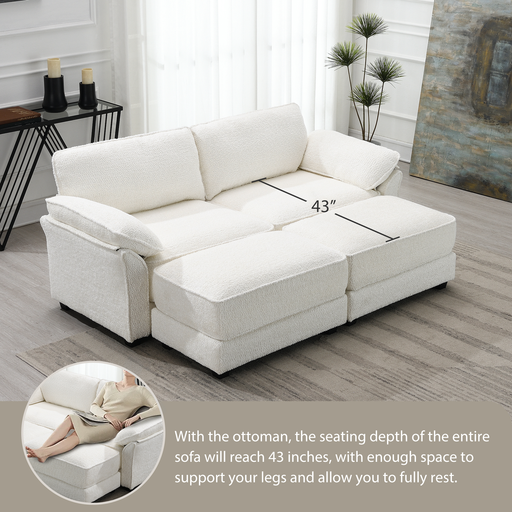 EUROCO 81" Modular Convertible Sectional Sofa Bed Set, Combinational 4 Seat Upholstered Sleeper Corner Couch Deep-Seat Loveseat with Removable Armrest Bag and Ottoman for Living Room, White