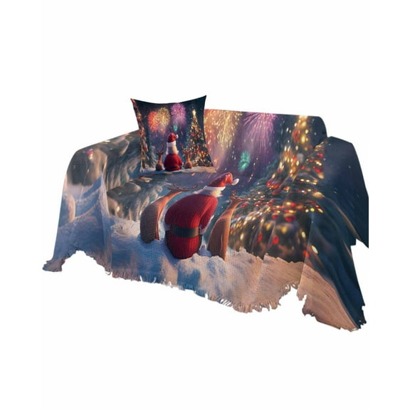 Christmas Sofa Couch Covers for Dogs, Washable Sofa Throw Cover Single Slipcovers for Armchair with Tassels, Santa Deer Fireworks Snowflake Xmas Couch Protector Towel Blanket M 71''x91''
