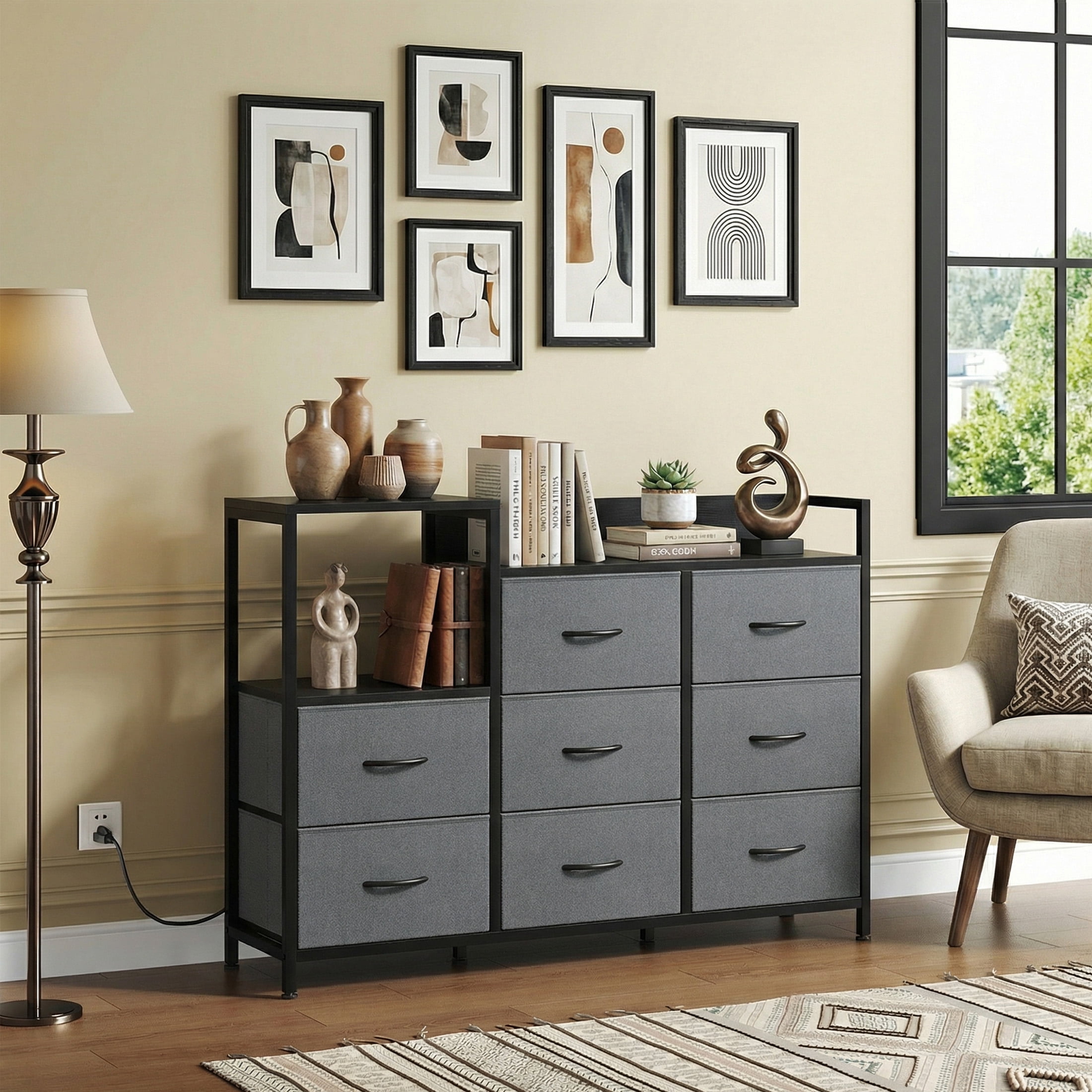 CONCETTA 8-Drawer Dresser TV Stand for Bedroom with Charging Station, Teen/Adult Fabric Storage with Open Shelves, Gray