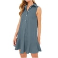 thumbnail image 3 of Lovzfmll Womens Summer Dresses, Womens 2024 Summer Breathable Mini Dress Flowy Casual Loose V-Neck Solid Color Lapel Sleeveless Button Up Open Chest Pleated Ruffled Dress Dark Blue XL, 3 of 7