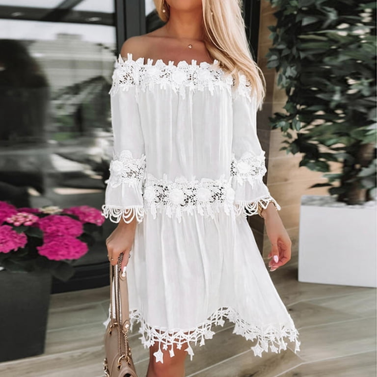 Boho Women Casual Summer Lace Off Shoulder Dress V Neck Short Sleeve Beach  Swing Fashion Slim Lace Up Midi Dress Flowy Comfortable Stylish -  Walmart.com