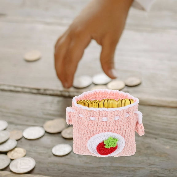 PTOOTP Pink Crochet Coin Purse Portable Drawstring Bag for Storage of Change and Accessories