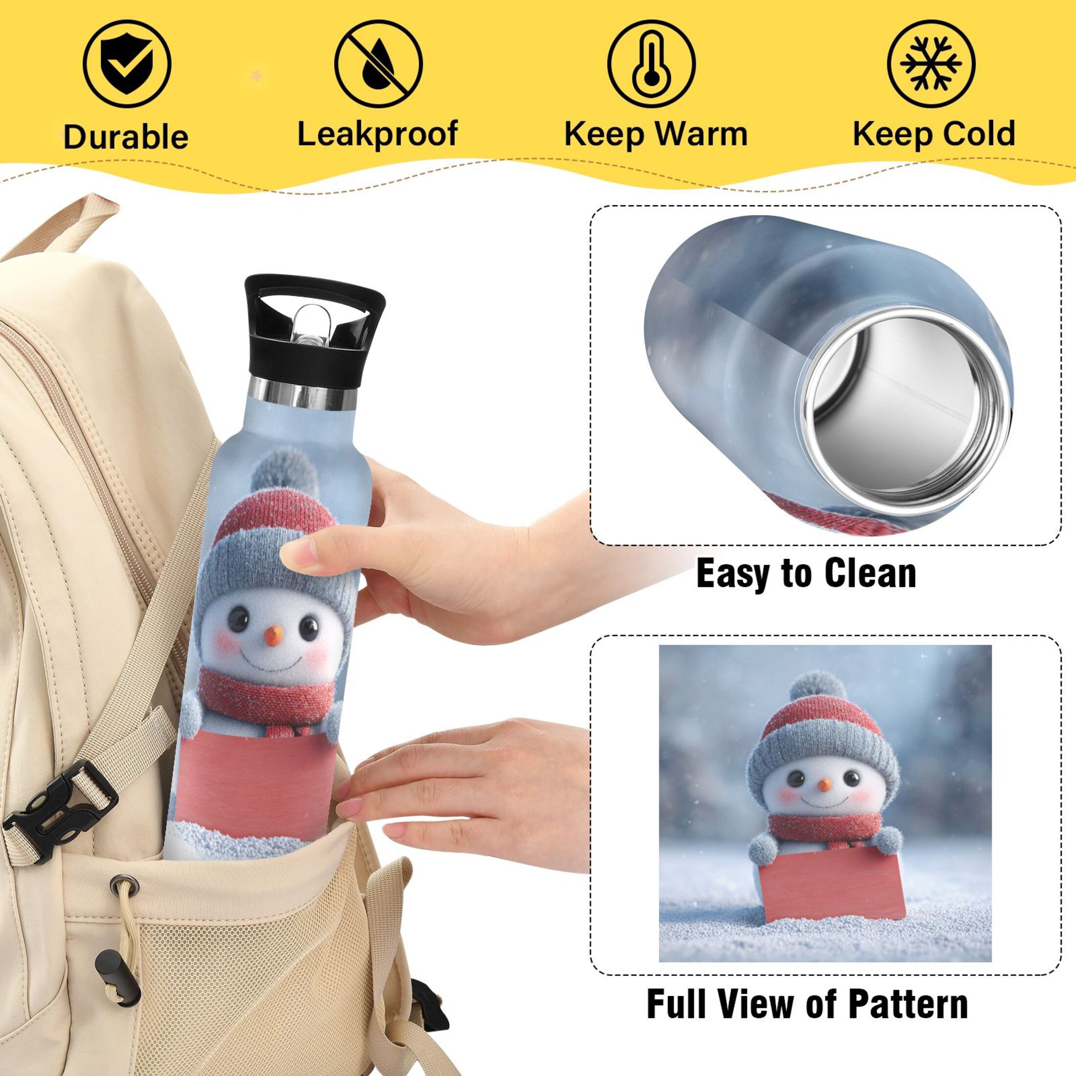 600ML Stainless Steel Insulated Cup Sports Water Bottle Portable Thermos Cup Water Glasses Insulated Tumblers Convenient and Durable Snowman Cute