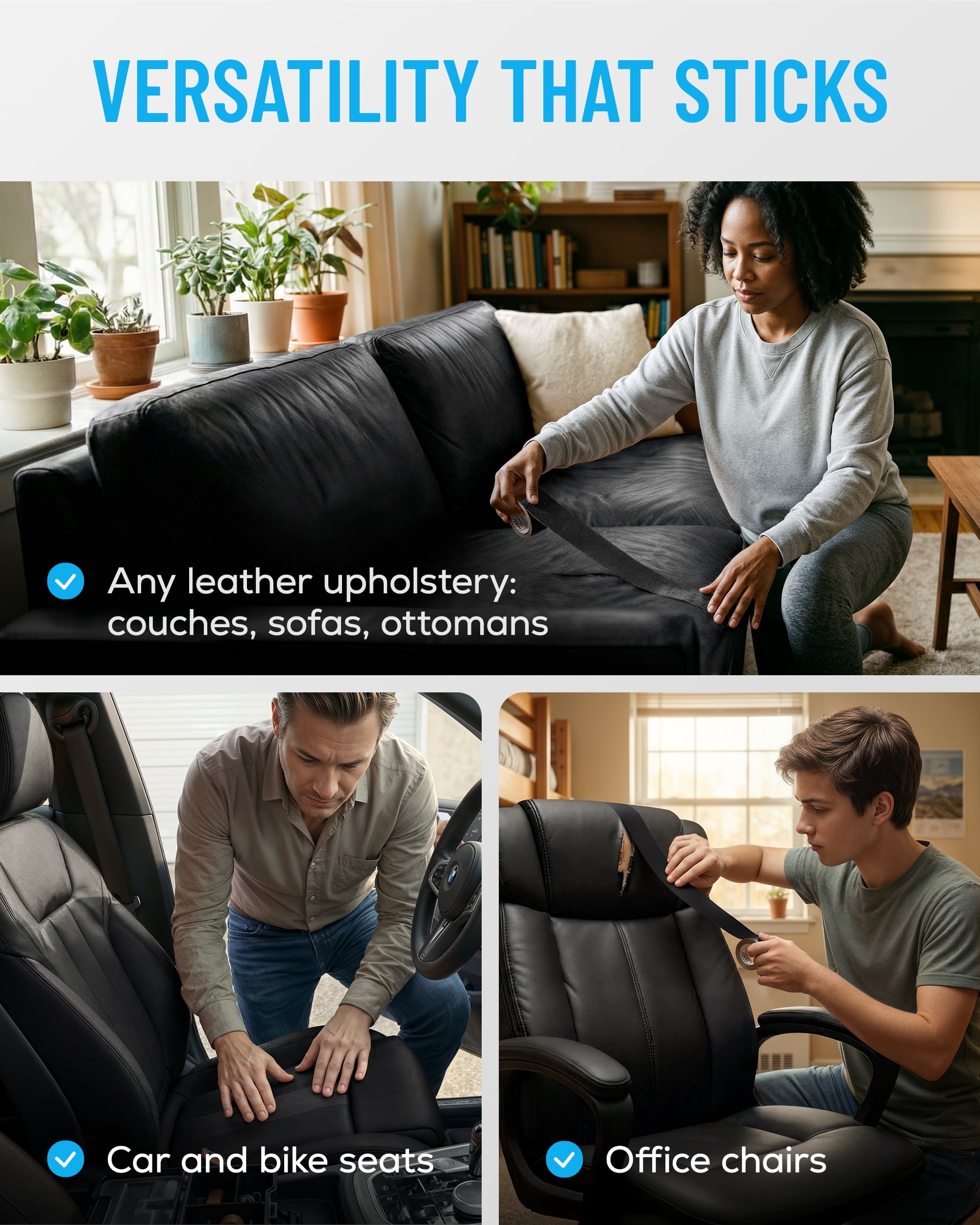 MATCH 'N PATCH Leather Repair Tape - Black (2.25 inch x 15 feet) - Realistic Faux Leather Patches for Couch, Sofa, Upholstery, Car Seats & Other Furniture, Vinyl Repair Kit, Self Adhesive Patch