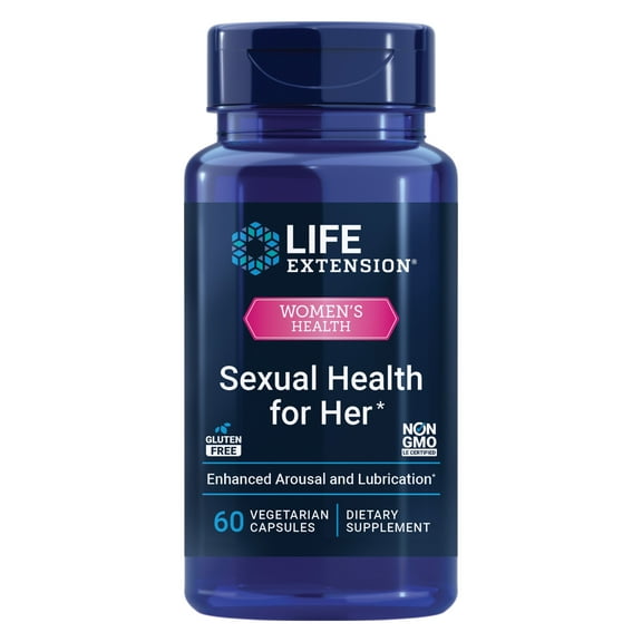 Life Extension Sexual Health for Her, female sexual health supplement, libido, arousal, lubrication, fenugreek seed, saffron, gluten free, non-GMO, vegetarian, 60 capsules