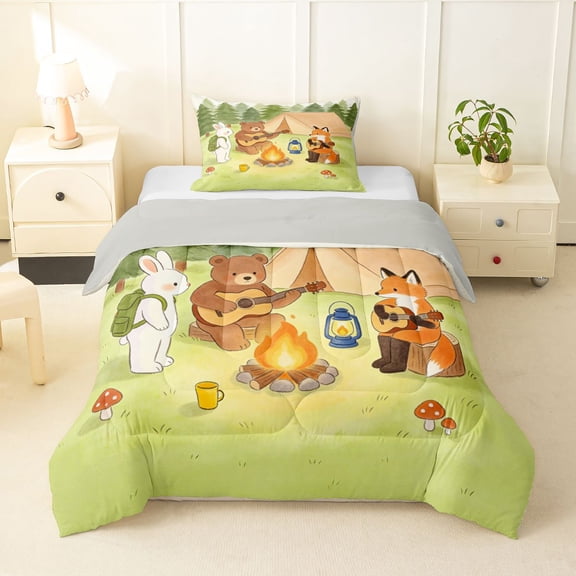 Manfei Cute Bear Twin Comforter Sets,Camping Animal Print Bedding Set,Green,Light Gray Reversible,2pcs,1 Comforter and 1 Pillowcase