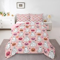 Manfei Teens Cute Ghost Queen Comforter Set, Halloween Funny Pumpkin Bedding Sets, Rustic Cartoon Floral Reversible Bedding Comforter Set, Luxury Bedroom Decor, 3 Pieces