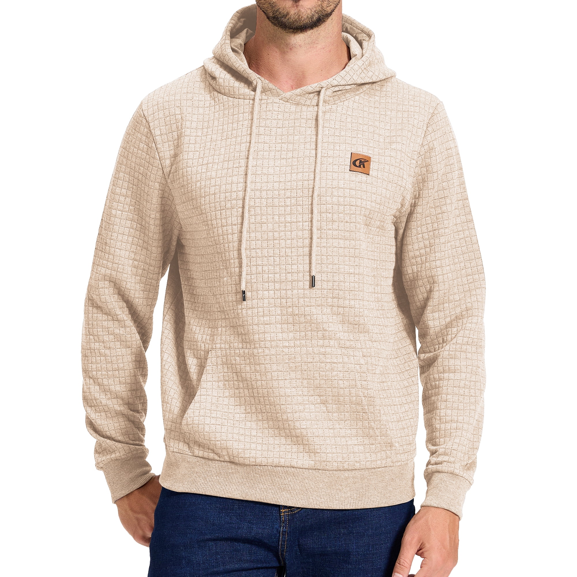 Satankud Men's Pullover Hoodies Plaid Jacquard Weave Long Sleeve Drawstring Hipster Casual Hooded Sweatshirts with Kanga Light Beige L