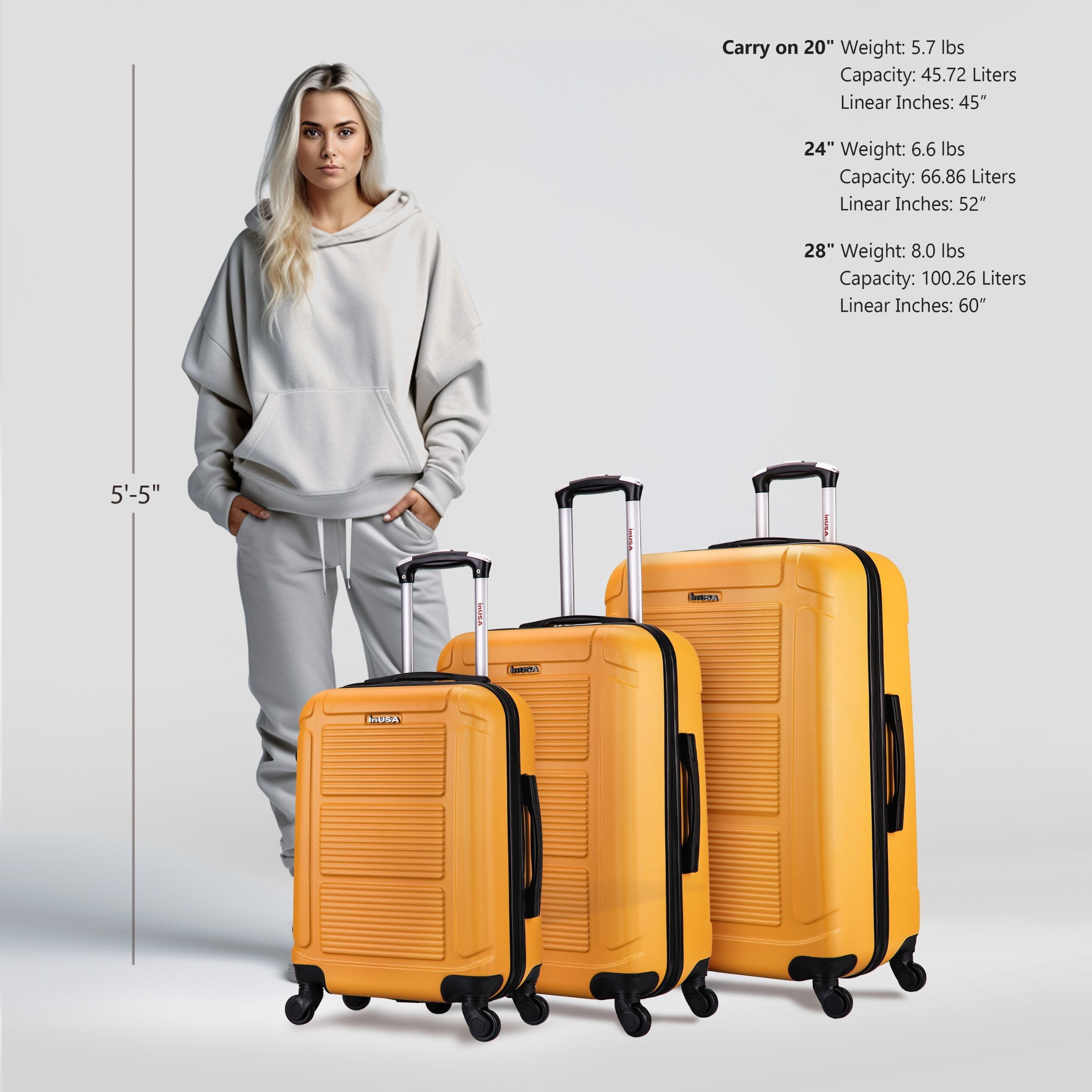 InUSA Pilot 3-Piece Hardside Luggage Sets with Spinner Wheels, Handle, Trolley, (20"/24"/28"), Mustard
