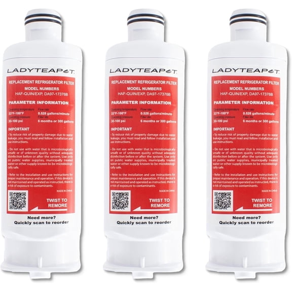LADYTEAPOT DA97-17376B Replacement for Samsung® HAF-QIN/EXP, DA97-08006C, RF28R7201SR, RF28R7351SG, WD-F45, Refrigerator Water Filter (3 Pack)