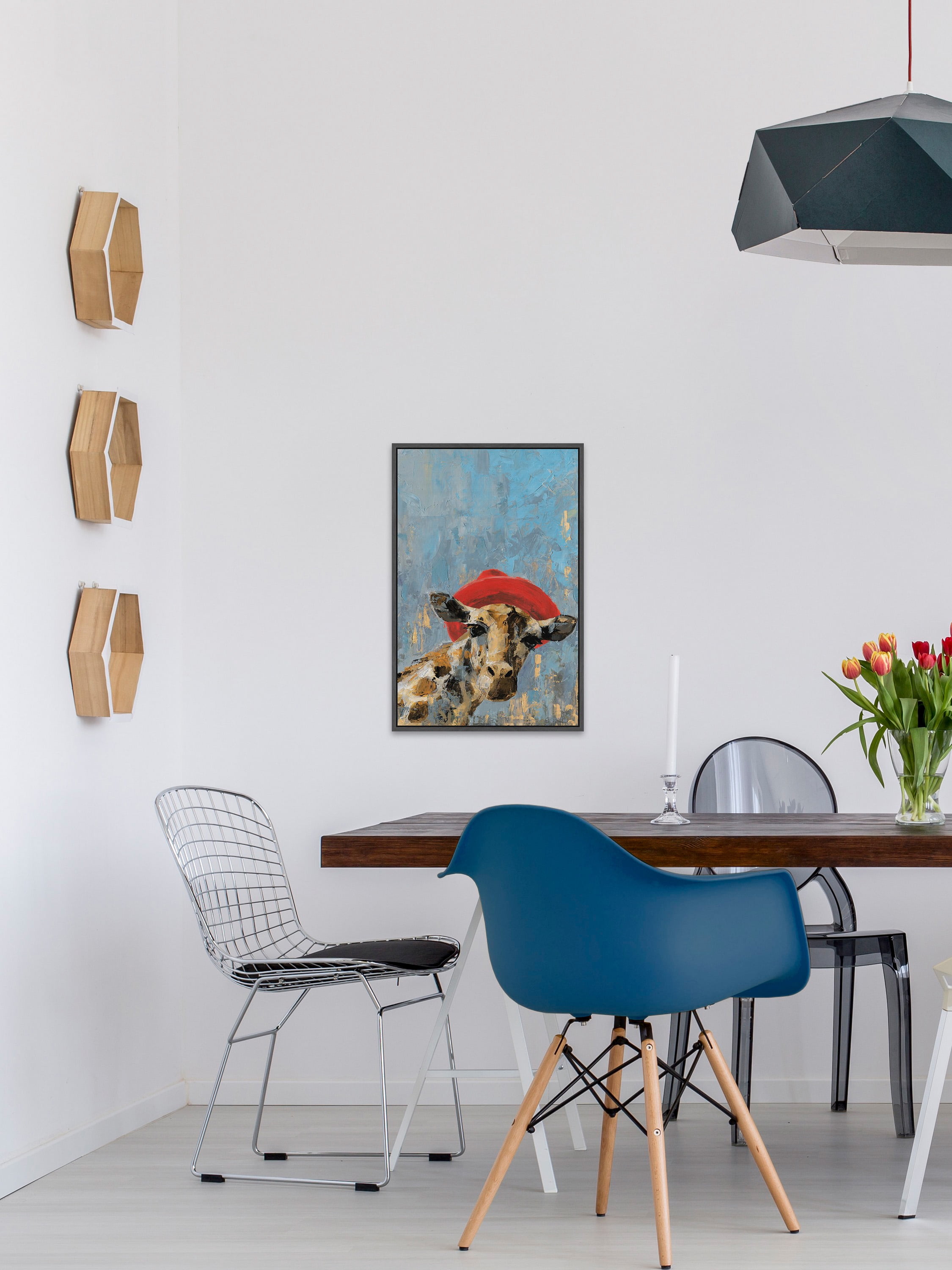 Giraffe's Red Hat Floater Framed Painting Print on Canvas