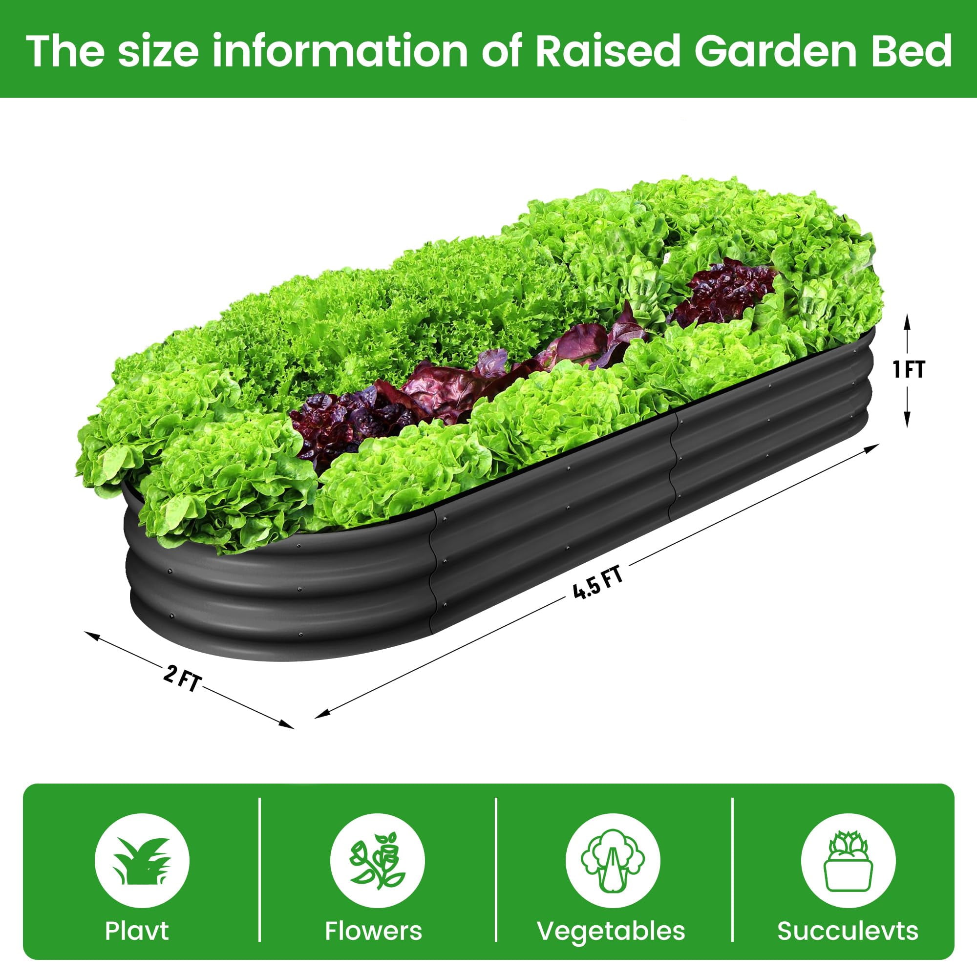 Galvanized Steel Raised Garden Beds 2-Pack – 4.5x2x1ft Oval Metal Planter Box, Open Base for Drainage, Easy Assembly, Outdoor Vegetable & Flower Garden, Dark Gray
