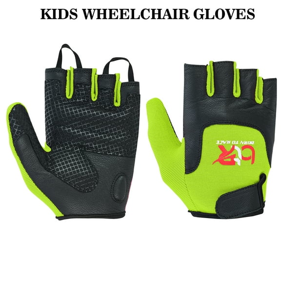 Kids Children Boys Girls Wheelchair Gloves Mobility Disability Fingerless Long Thumb Leather Palm Cycling Gloves Hi Viz 9-10 (Age)