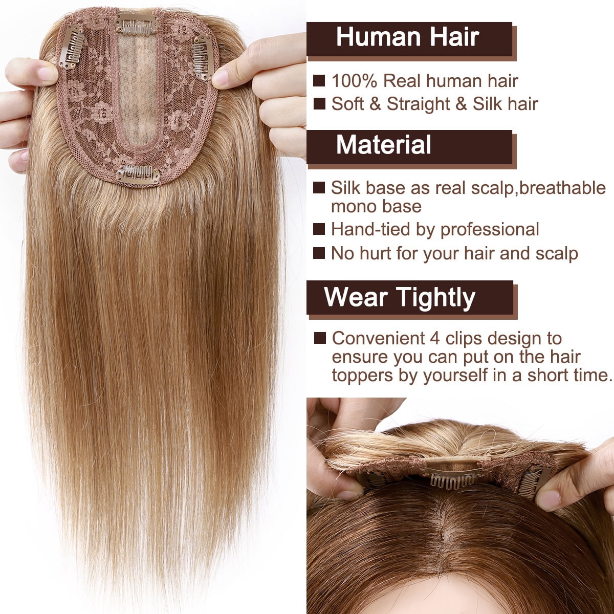 SEGO Clip in Hair Extensions Human Hair Toppers 100% Real Human Hair Topper for Thinning/Loss Hair Natural Black Hair Pieces