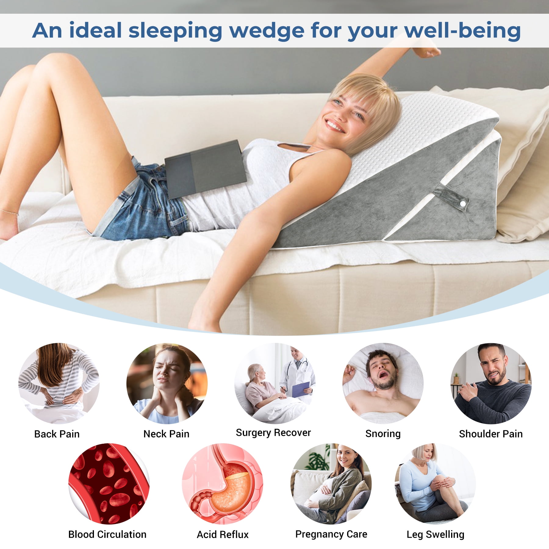 Bed Wedge Pillow, Folding Memory Foam Triangle Pillow for Sleep Apnea, Acid Reflux, Snoring, Leg Elevation, Adjustable Back Support  9&12 Inch for Sitting Up in Bed , Incline Cushion for Sleeping