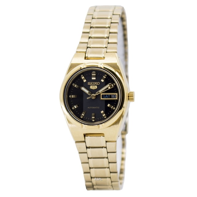seiko reloj de moda automático para hombre 5 snk381k de acero inoxidable negro con esfera negra y agujas luminosas, ventana día/fecha, cristal Hardlex resistente a arañazos; caja 38 mm x 11 mm, tapa trasera transparente y pulsera de acero inoxidable plateado con cierre plegable, vista frontal.