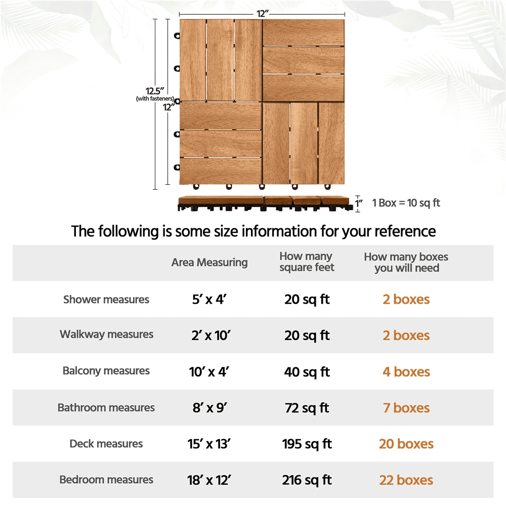 Renwick Pack of 10 Waterproof Interlocking Deck Tiles for Outdoor & Indoor 12.5″ W × 12.5″ L, Wood