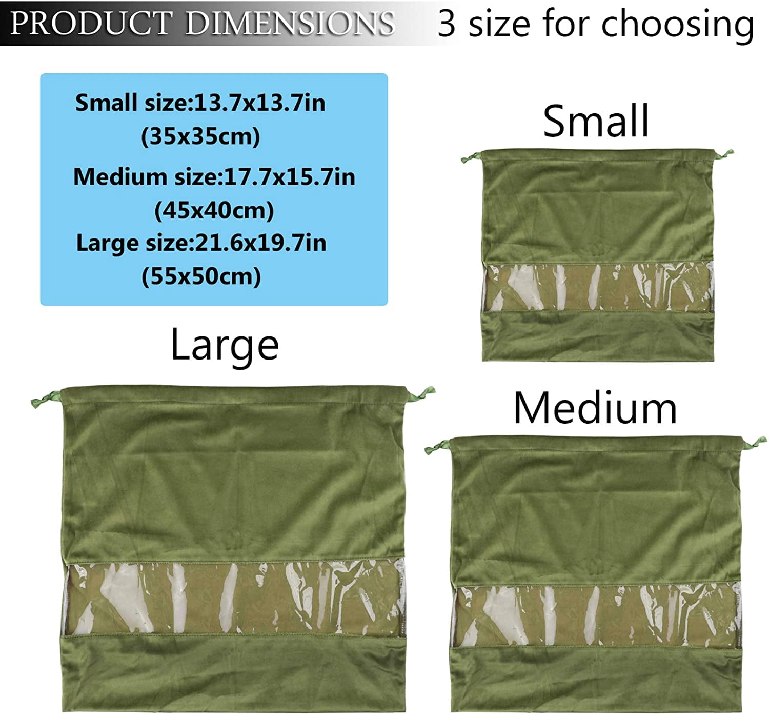 Dust Cover Storage Bags Terylene Flannel Drawstring Pouch with Clear View Window For Handbags Purses Pocketbooks Shoes Boots Set of 2 (21.6 x 19.7 in), Green