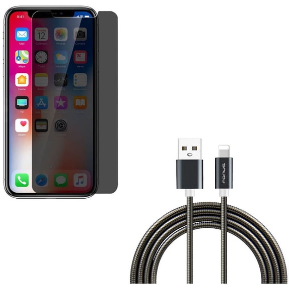 iPhone XS/X - Tempered Glass Privacy Screen Protector w 3ft Metal USB Cable - Curved Anti-Spy Anti-Peep 3D Edge Case Friendly, Charger Cord Power Wire Sync Fast Charge Data