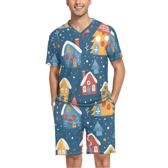 joogoo Men's Pajama Set Christmas Tree and House V-Neck Pj Shorts Set 2 Piece Loungewear Sleepwear L