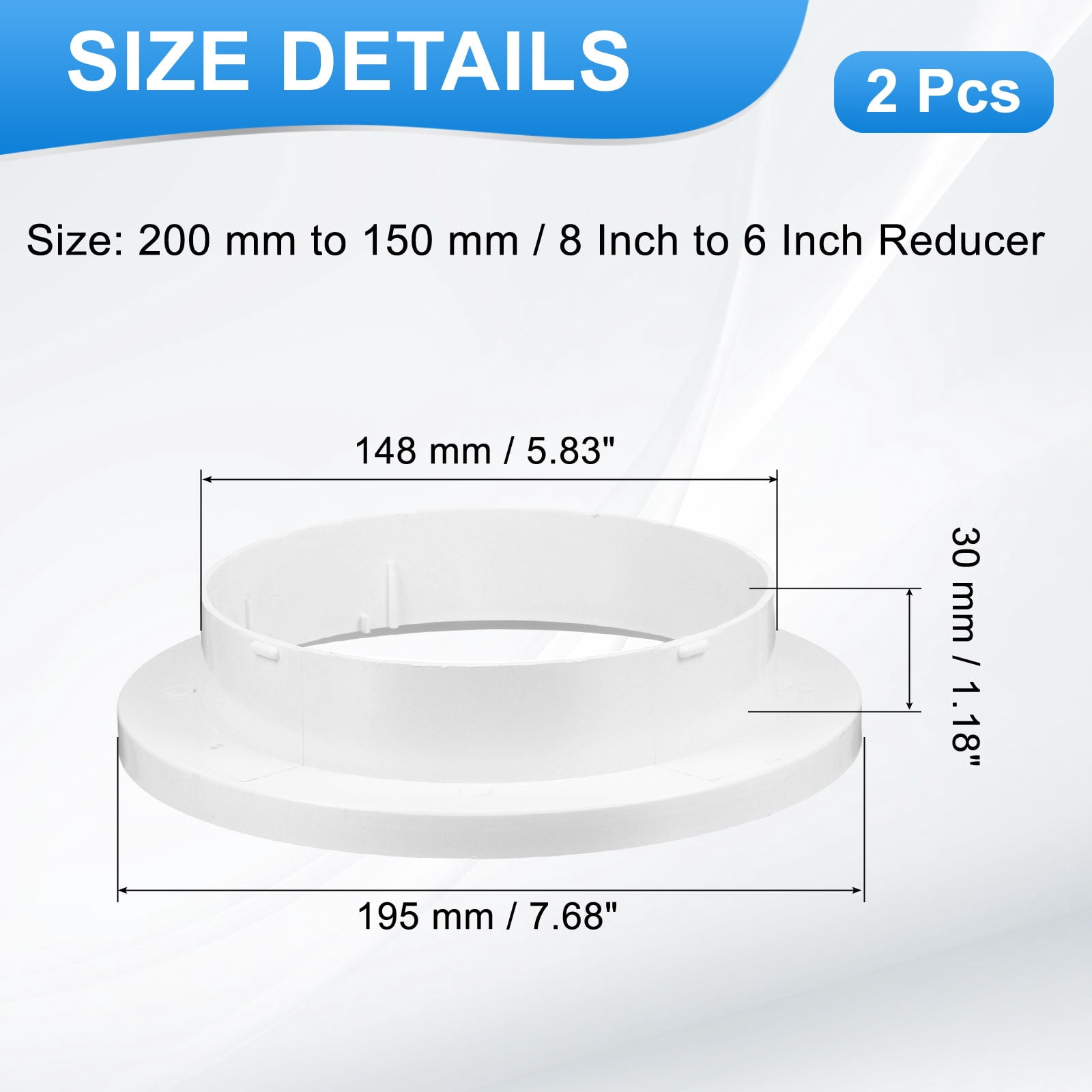 Uxcell 8 to 6 Inch Duct Reducer, 2Pcs ABS Air Duct Adapter HAVC Pipe Connector Dryer Vent Adapter Increaser Reducer for Inline Ventilation System, White (150mm to 100mm)