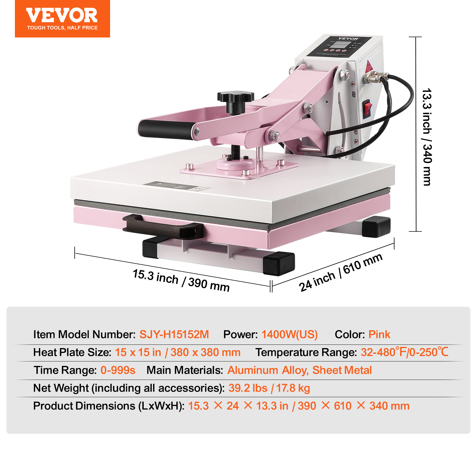 VEVOR Heat Press, 15 x 15 inch Digital Heat Press Machine, Slide Out Heat Transfer Machine, Fast and Even Heating, 2-Layer Insulation Cotton, Heat Transfer Machine for T-Shirts/Pillows/Bags, Pink