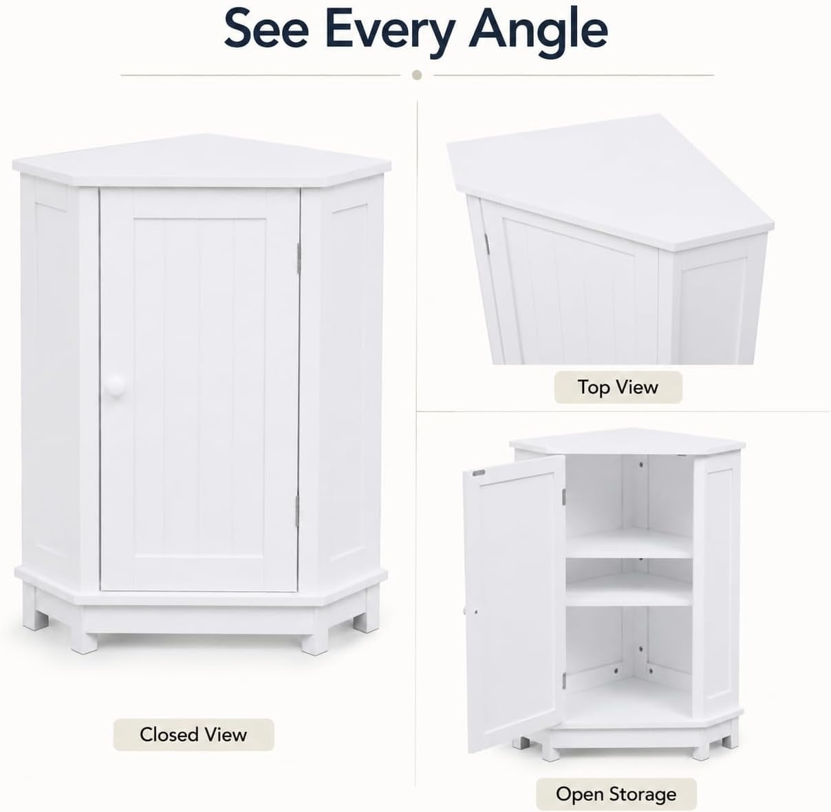 31" Corner Storage Cabinet, Wood Freestanding Triangle Floor Cabinet with Door & Shelves, White