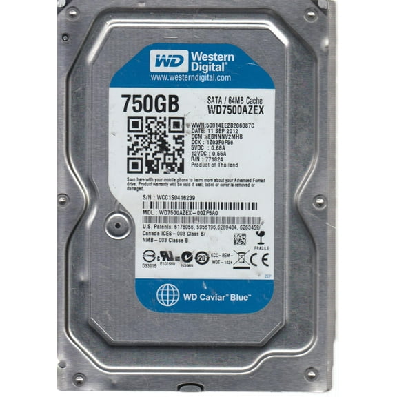 WD7500AZEX-00ZF5A0, DCM EBNNNV2MHB, Western Digital 750GB SATA 3.5 Hard Drive