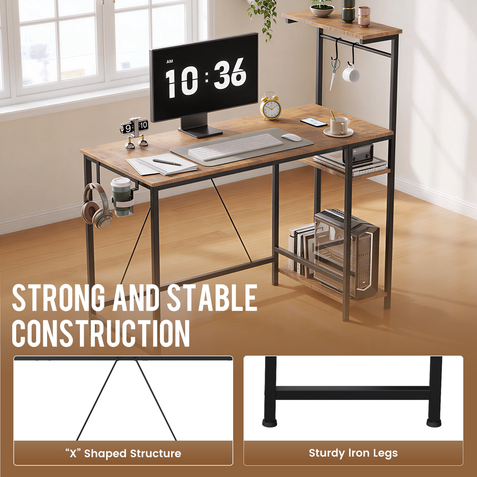 CLOUDREST PRO 44-Inch Computer Desk with LED Lights and 4-Tier Storage Shelves, Rustic Brown