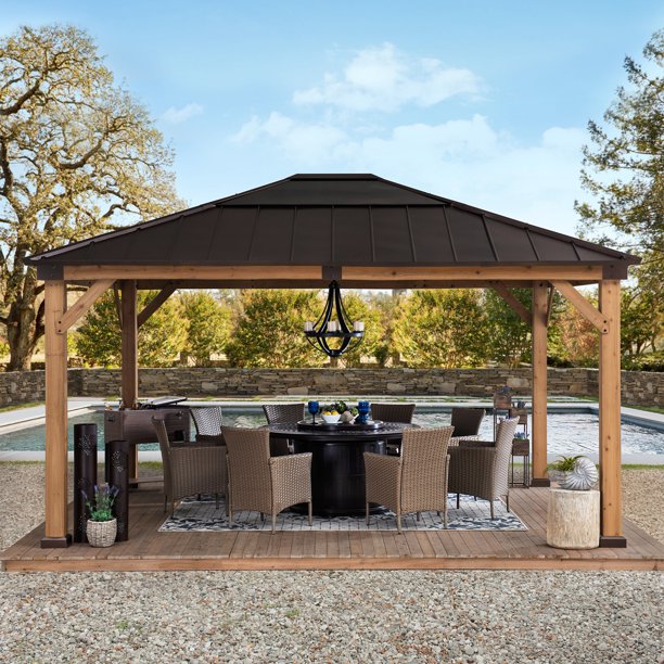 Sunjoy 13 ft. x 15 ft. Cedar Framed Gazebo with Brown Steel and