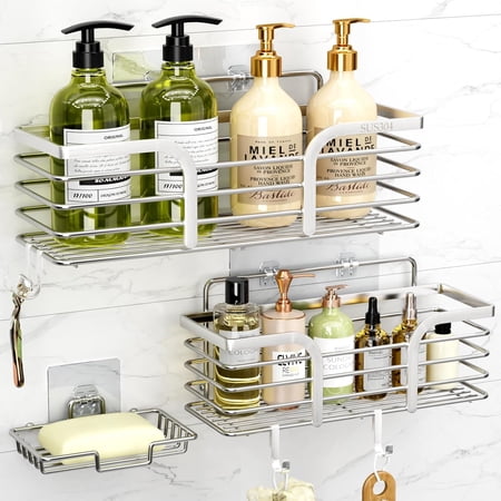 Shower Caddy Adhesive Shower Organizer with Soap Dish and 4 Hooks Rustproof Stainless Steel Shower Shelves Wall Mounted No Drilling Storage Shelf Basket Accessories for Bathroom & Kitchen Shower Caddy Adhesive Shower Organizer with Soap Dish and 4 Hooks Rustproof Stainless Steel Shower Shelves Wall Mounted No Drilling Storage Shelf Basket Accessories for Bathroom & Kitchen