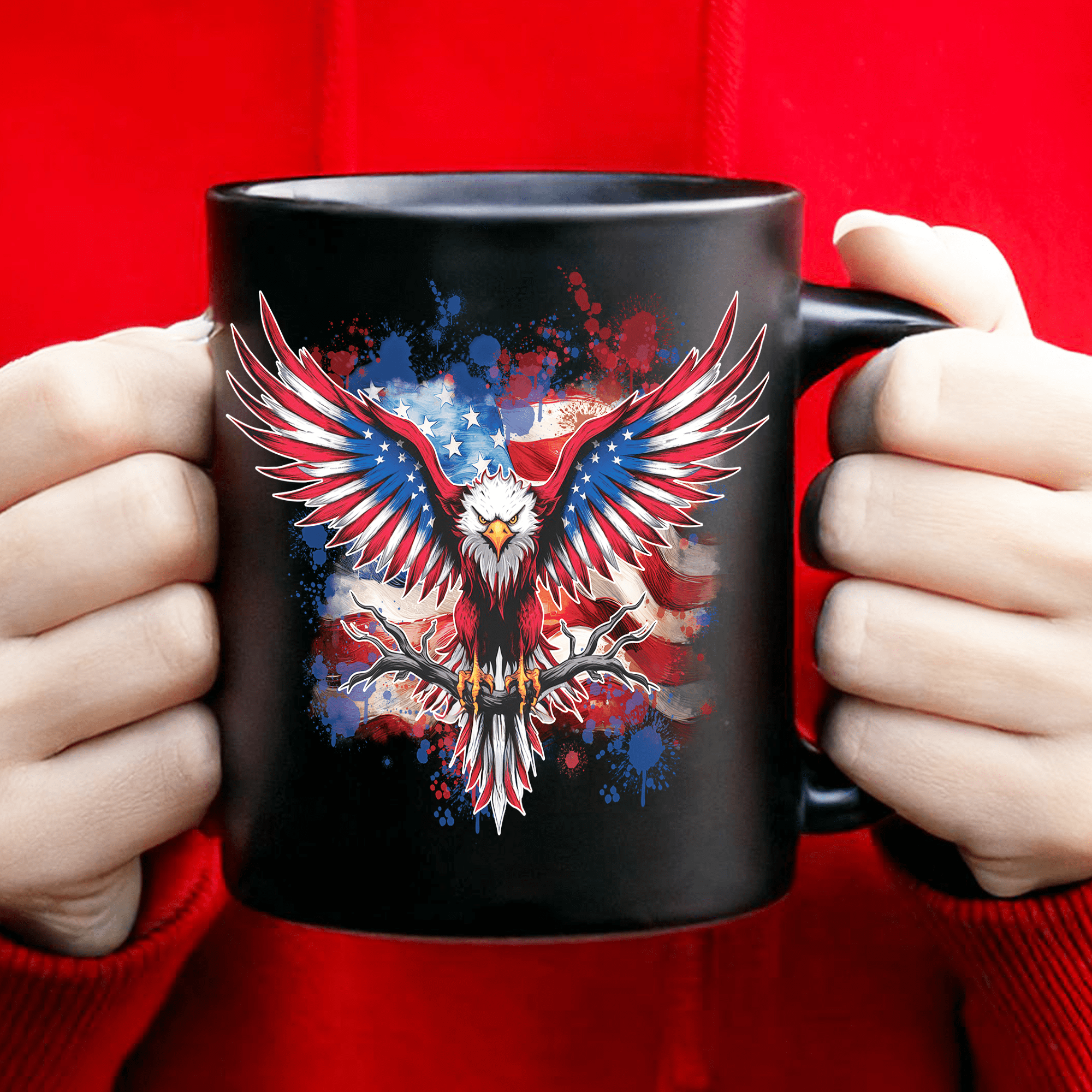 Lotusprinthandmade America Flag Eagle Patriotic Black Ceramic Mug (15oz) (Made In US), eagle patriotic tea mug, eagle ceramic cup