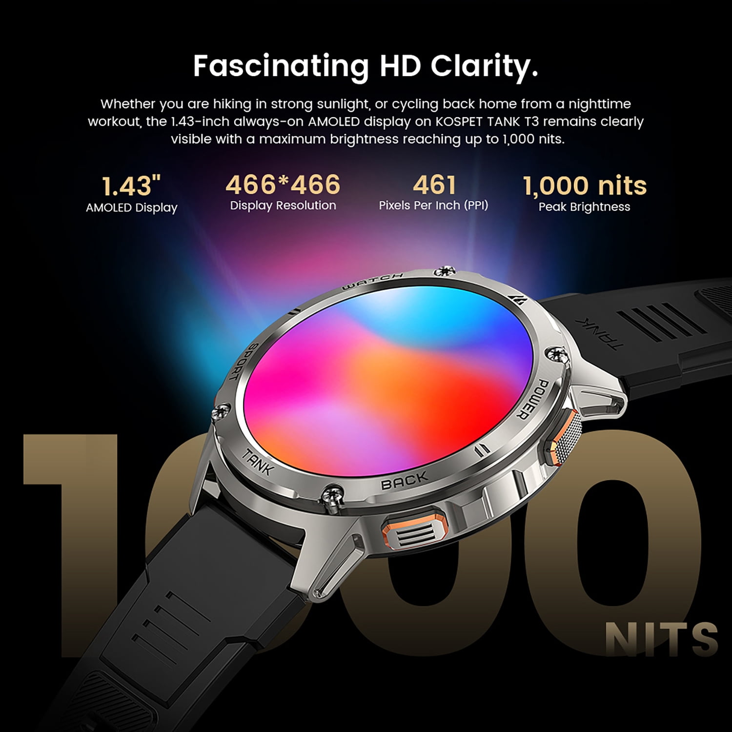 KOSPET TANK T3 1.43-In. AMOLED Smartwatch with Silicone Band (Silver), P-T004-S