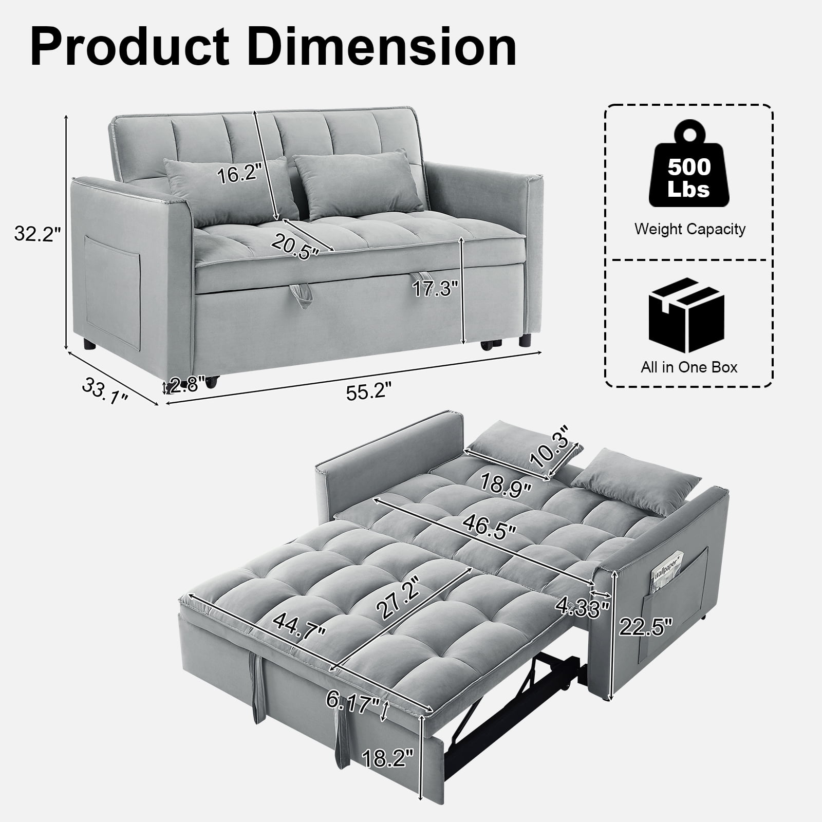 Howcool 55" 3-in-1 Convertible Sleeper Sofa Bed, Pull Out Loveseat, Velvet Adjustable Backrest Couch with Storage Pocket, Small Space Apartment Sofa for Living Room Bedroom，Light grey