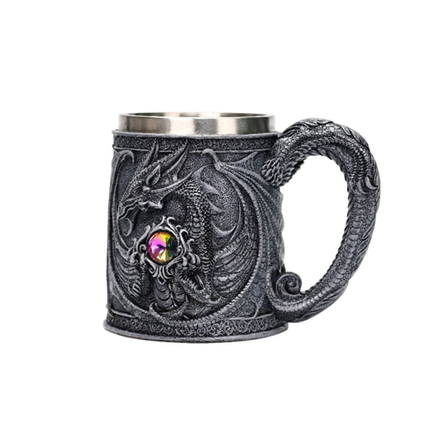 Medieval Dragon Beer Mug, Creative 3D Winged Dragon Embossed Beer Glass, Unique Resin & Stainless Steel Dragon Coffee Mug, Decorative Dragon Handle Mug for Beer and Coffee Lovers