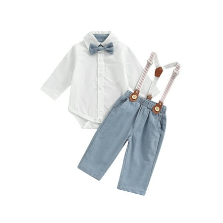 

Qiylii Baby Boy Shirt Romper + Pants + Bow Tie + Adjustable Straps Elastic Waist Gentleman Style Spring Clothing 0-3Years