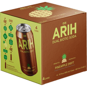 ARIH Dual Biotic Soda, Functional Prebiotic and Postbiotic Soda, Low Sugar, Pineapple Drift, 12 fl oz, 4 Pack