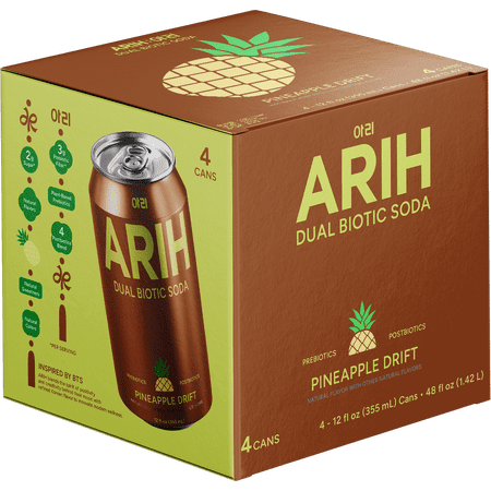 ARIH Dual Biotic Soda, Functional Prebiotic and Postbiotic Soda, Low Sugar, Pineapple Drift, 12 fl oz, 4 Pack