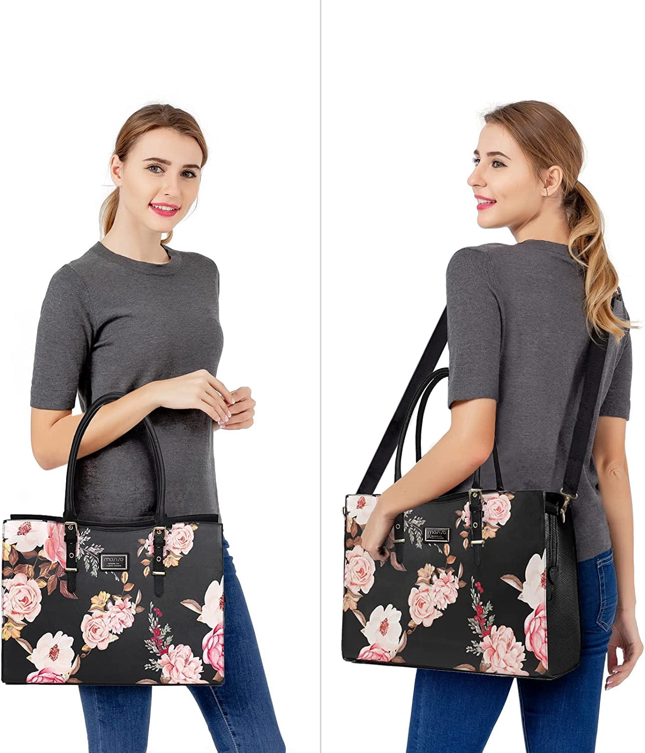 MOSISO 17.3 inch Laptop Tote Bag PU Leather Peony Briefcase with Adjustable Handle